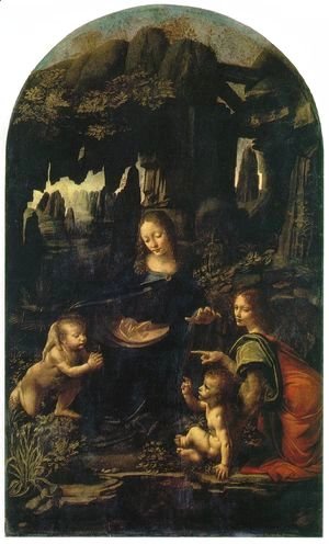 Leonardo Da Vinci - Madonna of the Rocks, Scene Mary with baby Jesus, John the Baptist as a child and an angel