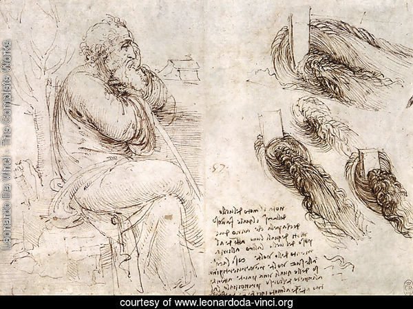 A seated man, and studies and notes on the movement of water