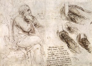 Leonardo Da Vinci - A seated man, and studies and notes on the movement of water